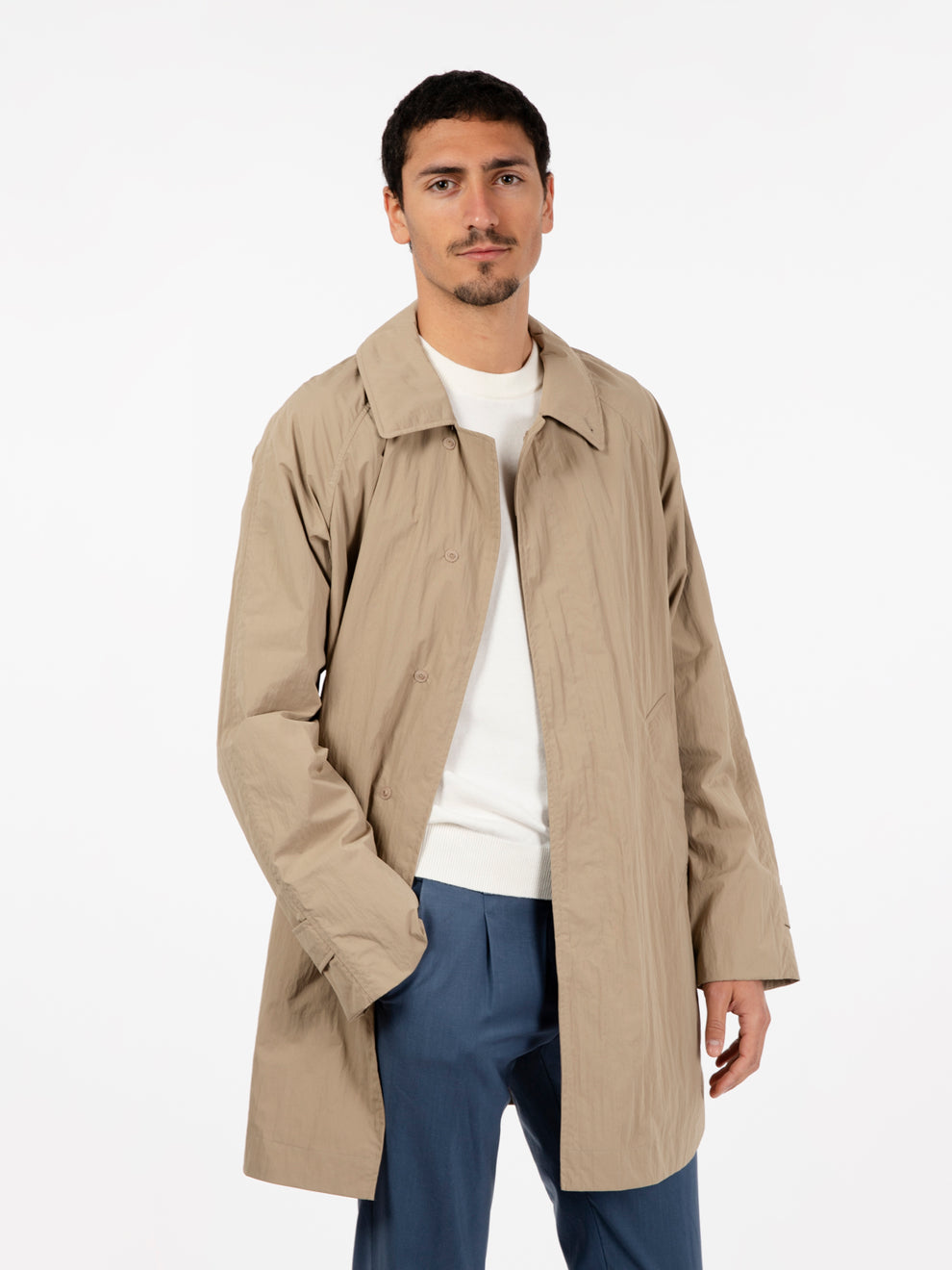 Beige multi-pocket trench coat
