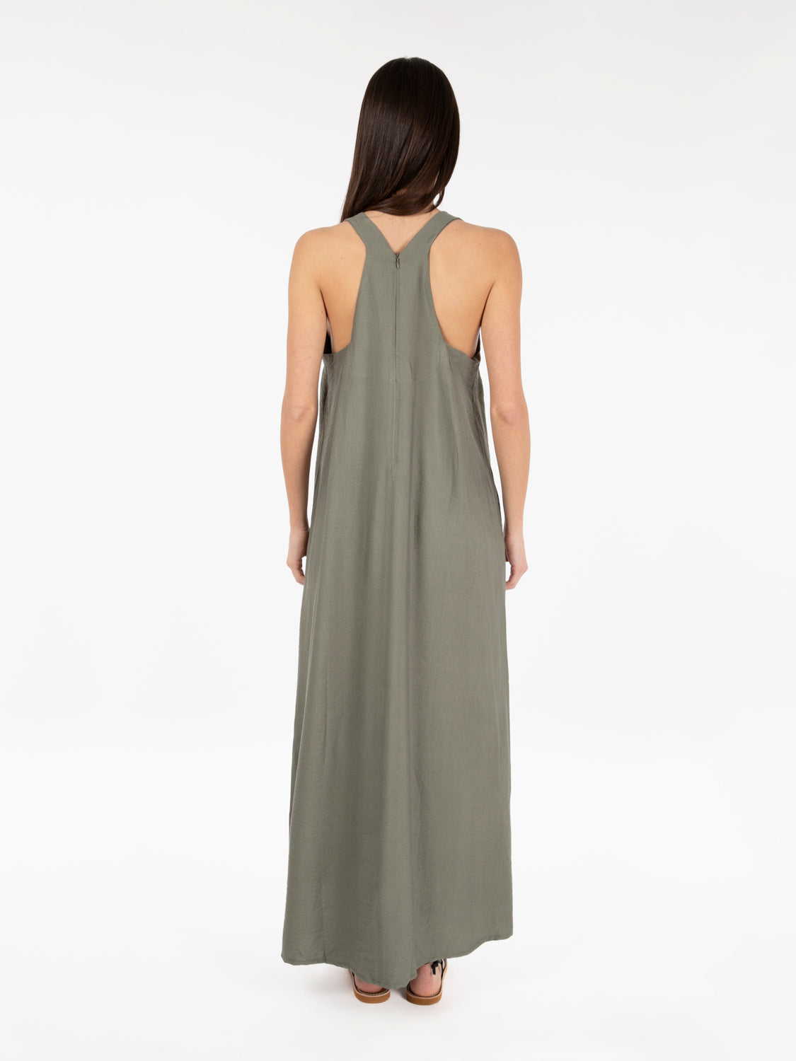 Abito lungo con decorazione frontale khaki / oro