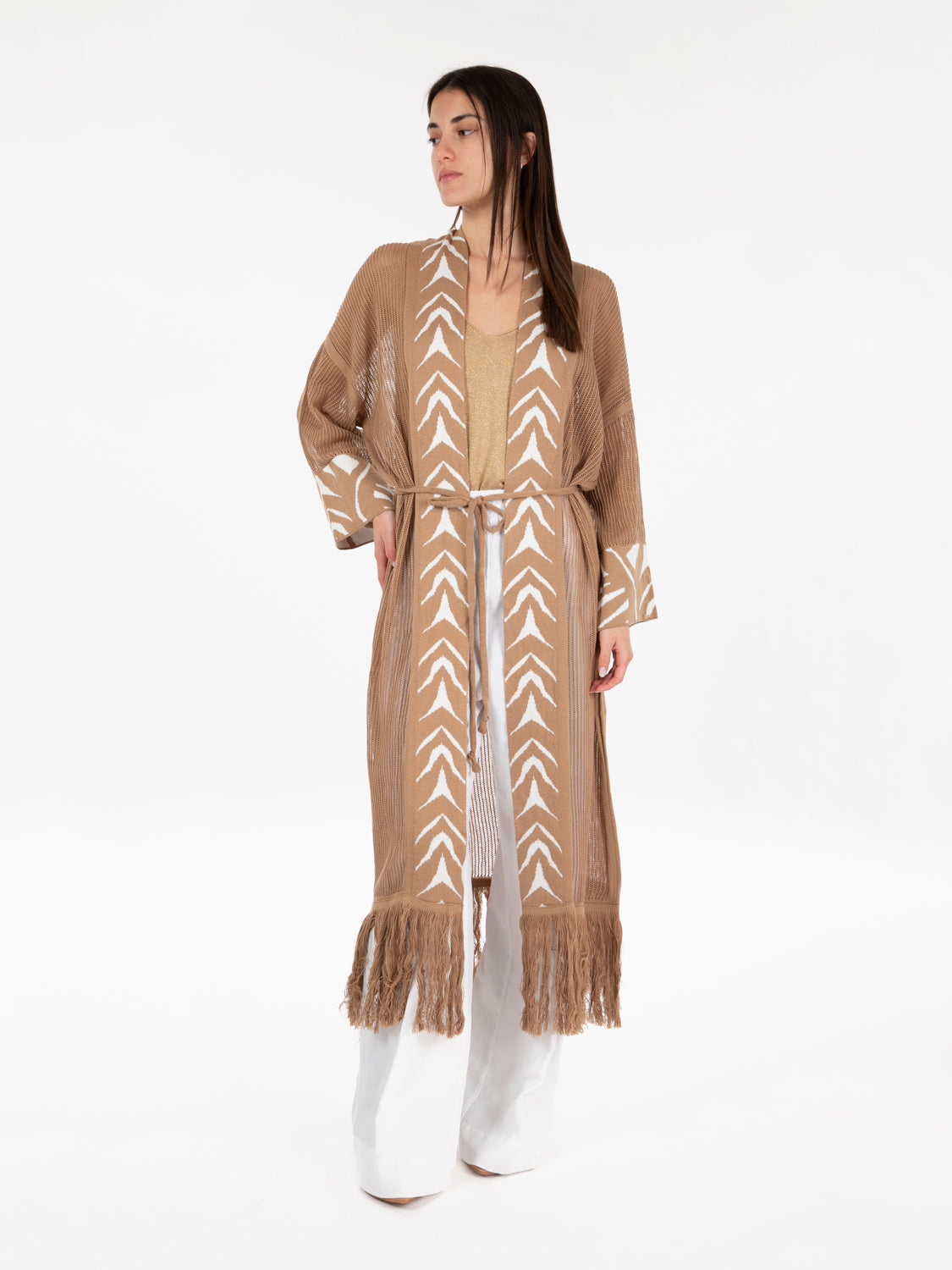 Long cardigan with decorated edge warm sand / ivory