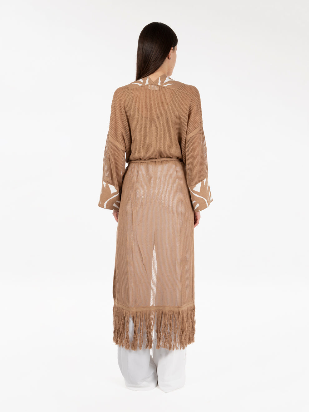 Long cardigan with decorated edge warm sand / ivory