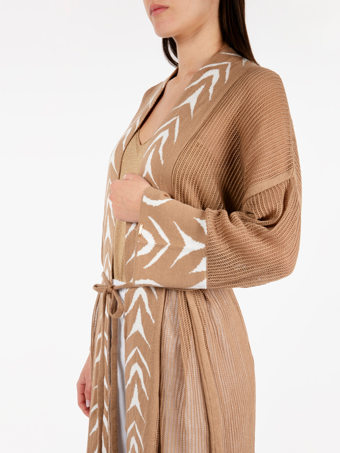 Long cardigan with decorated edge warm sand / ivory