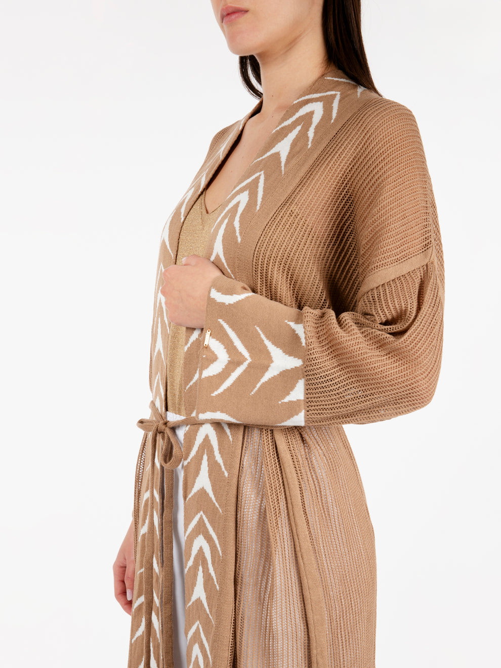 Long cardigan with decorated edge warm sand / ivory