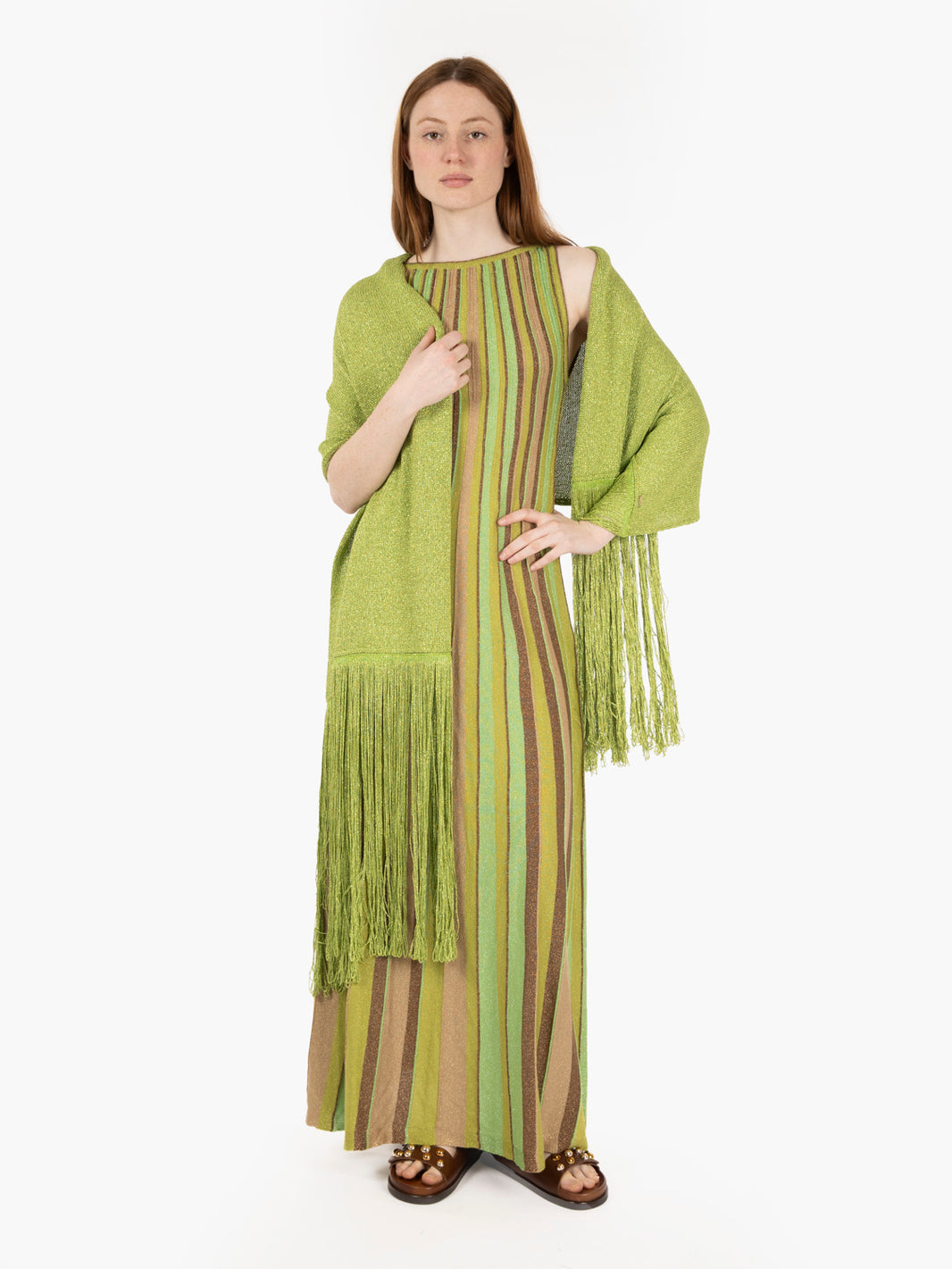 Stole with fringes with green lamé thread