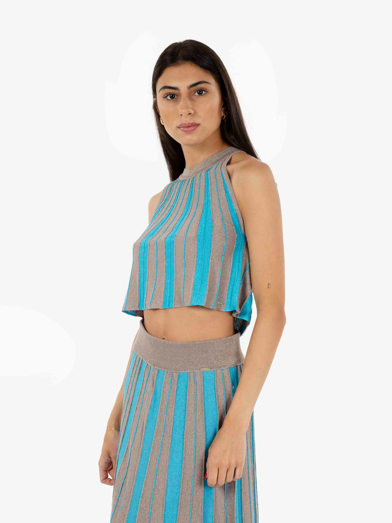 AGGEL KNITWEAR - Top corto svasato turchese / oro