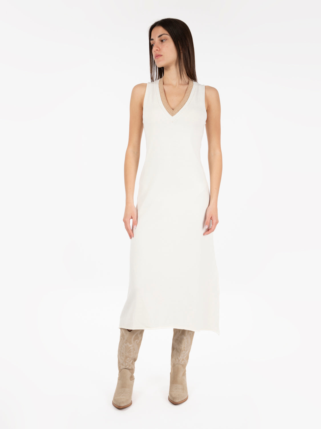 Abito in maglia con collo lurex panna