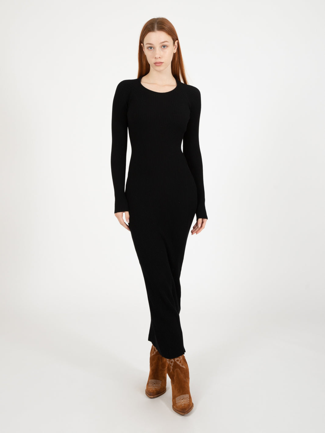Black open back long knitted dress