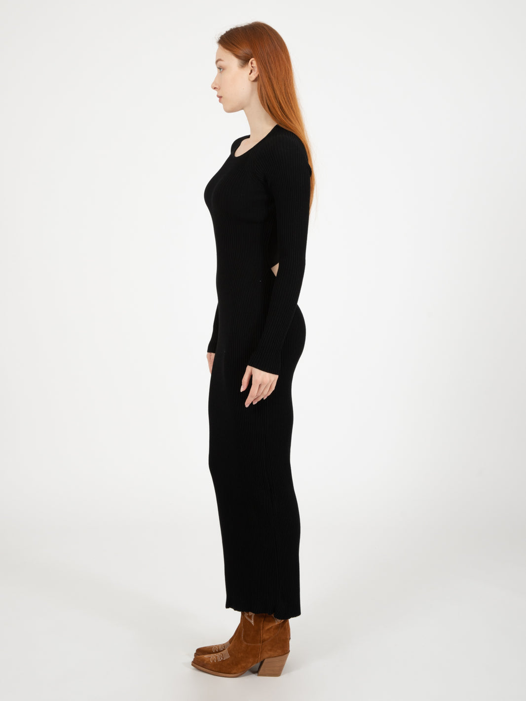 Black open back long knitted dress