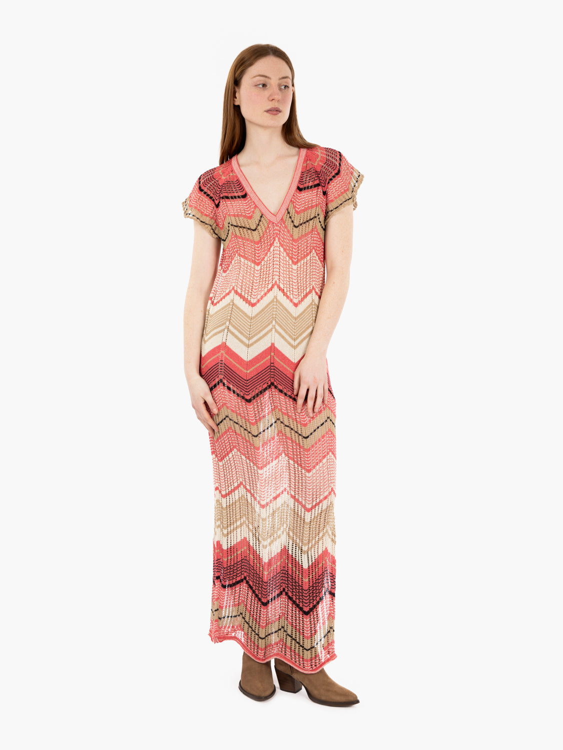 Abito lungo in maglia a zig zag fuxia / multicolor