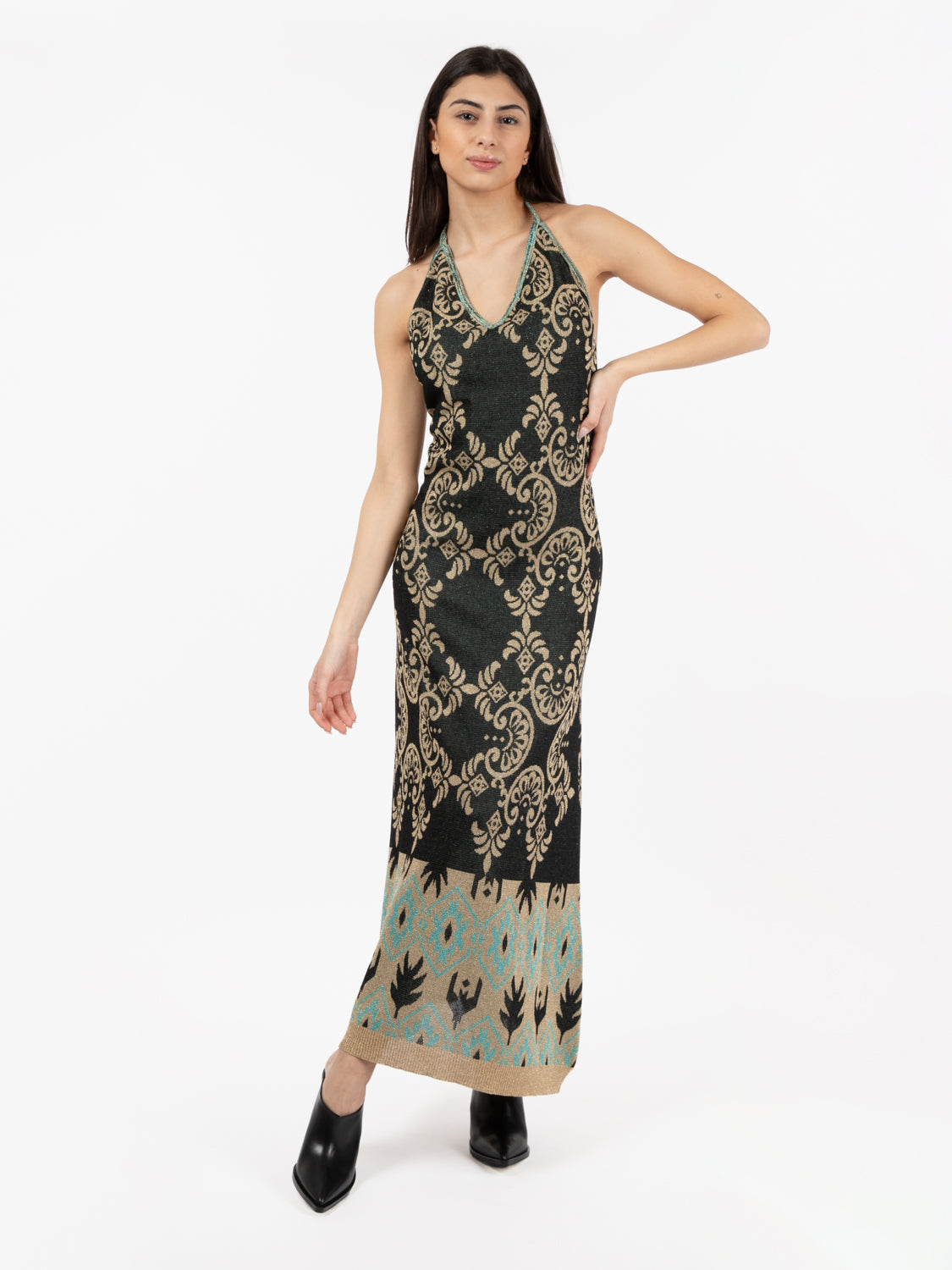 Abito lungo in maglia jacquard lurex verde / beige