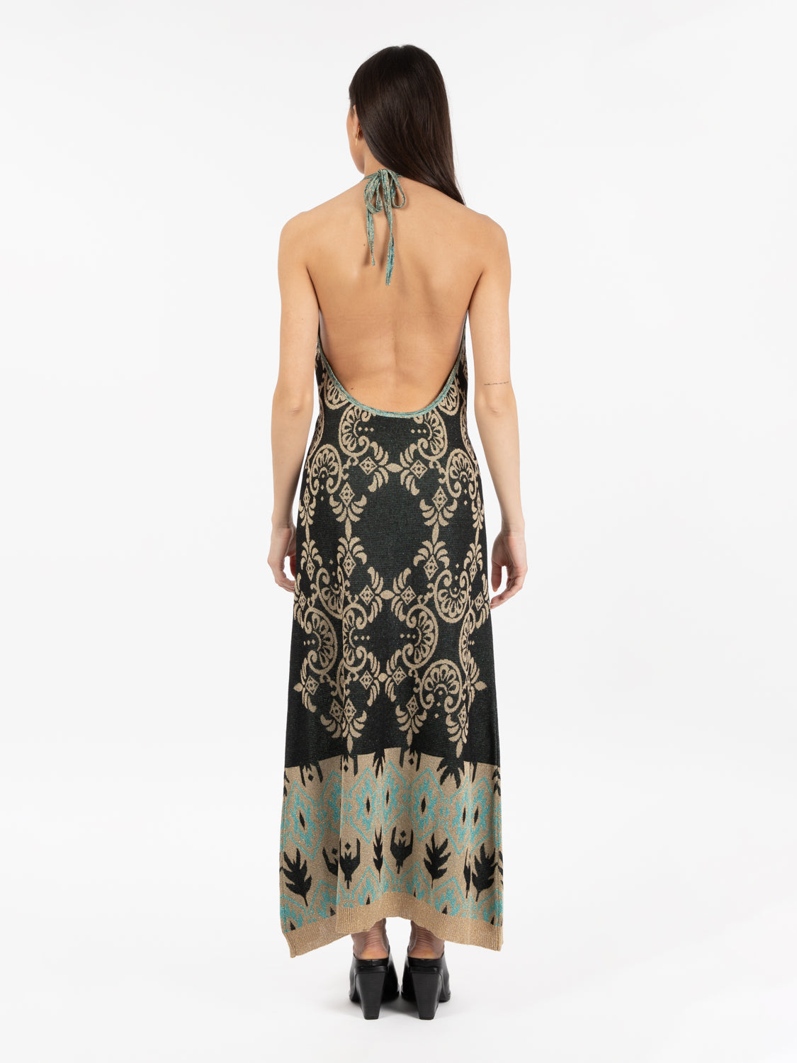 Abito lungo in maglia jacquard lurex verde / beige
