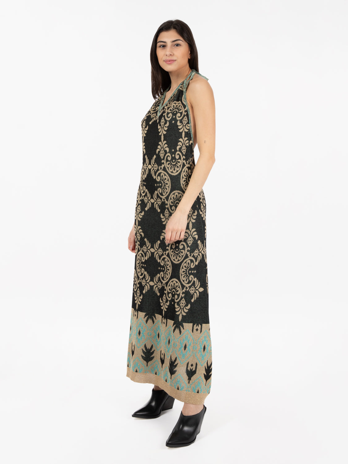 Abito lungo in maglia jacquard lurex verde / beige