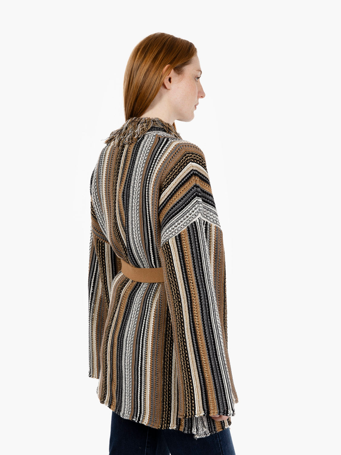 Striped cardigan with gold/beige lurex fringes