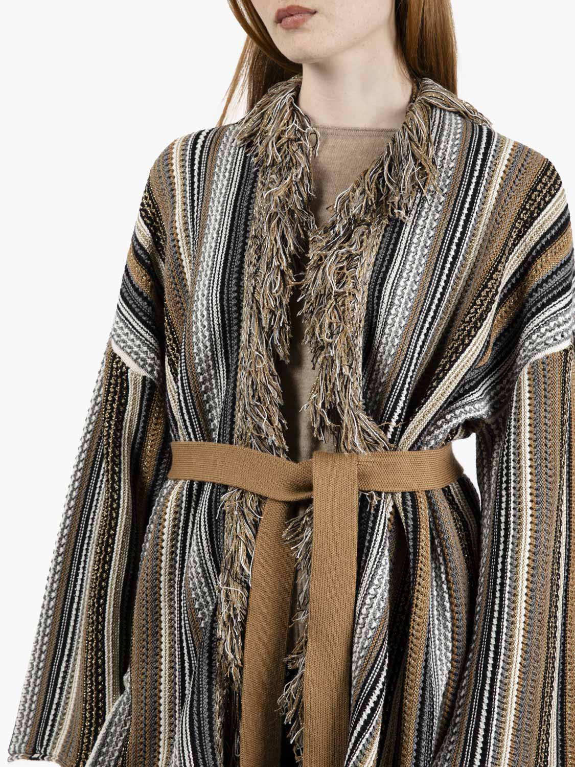 Striped cardigan with gold/beige lurex fringes