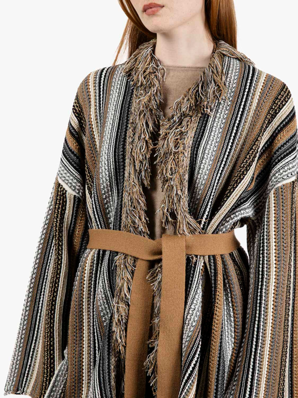 Striped cardigan with gold/beige lurex fringes