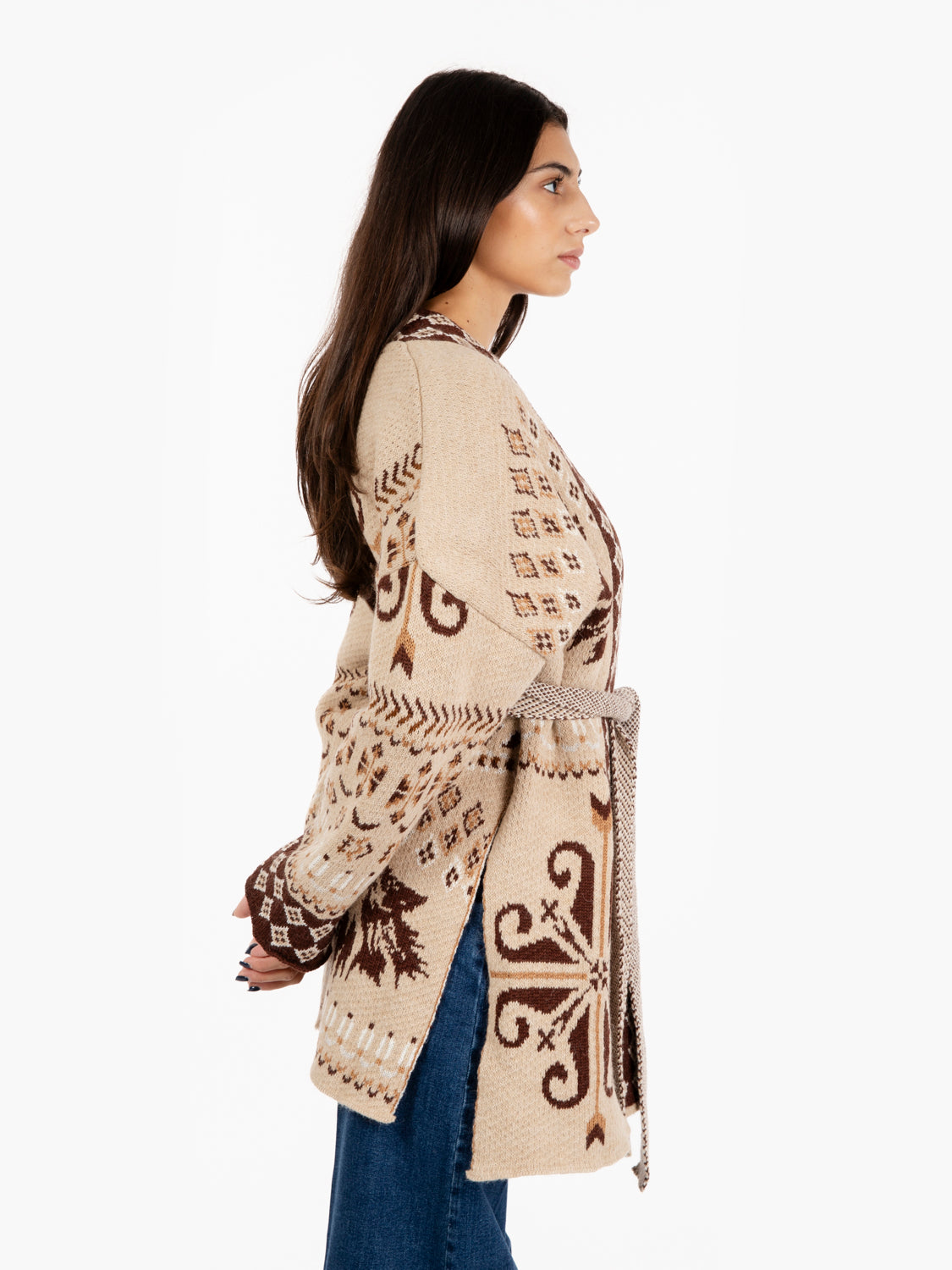 Cardigan jacquard con cintura sabbia