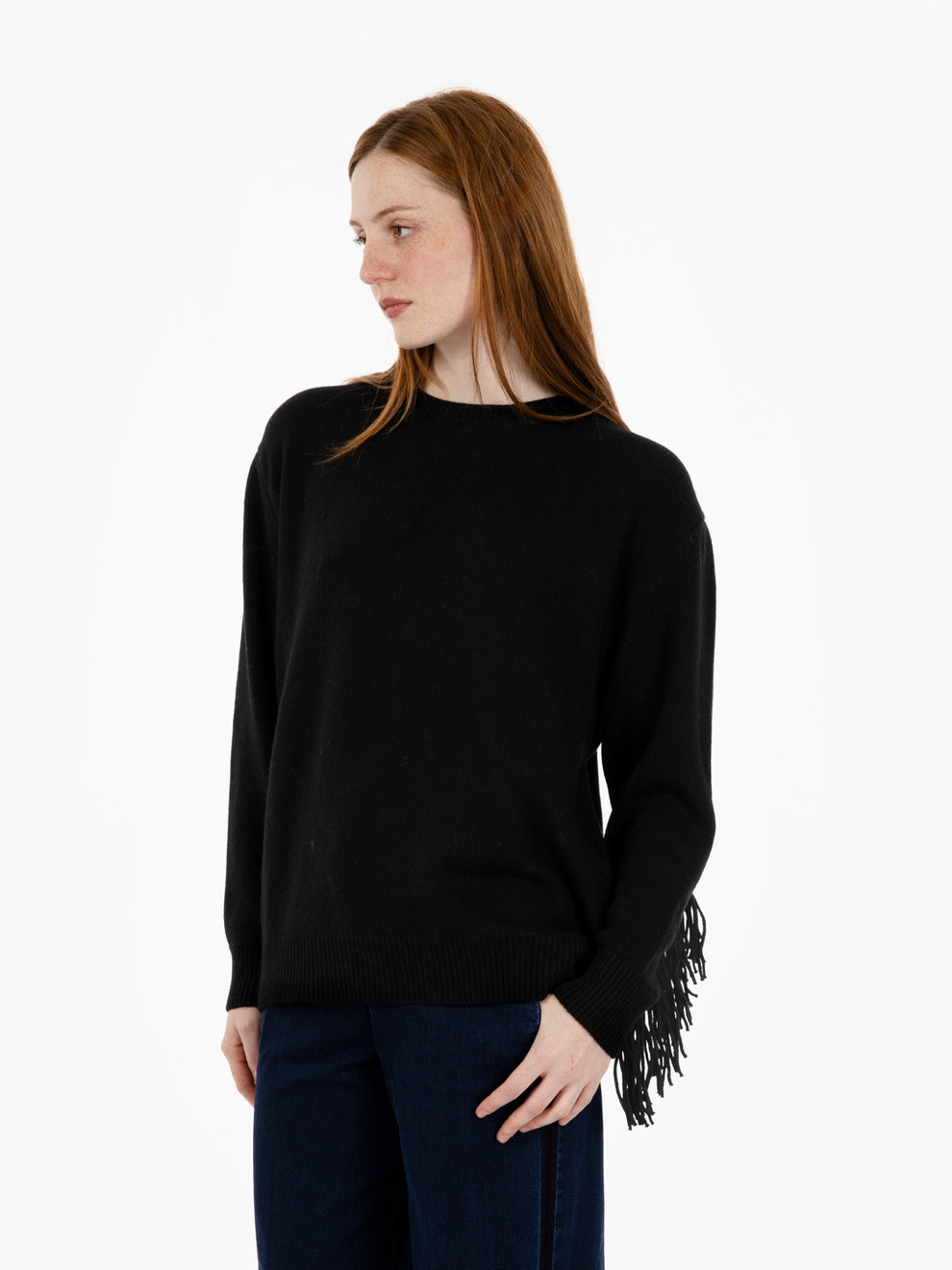 Maglia girocollo con frange nero