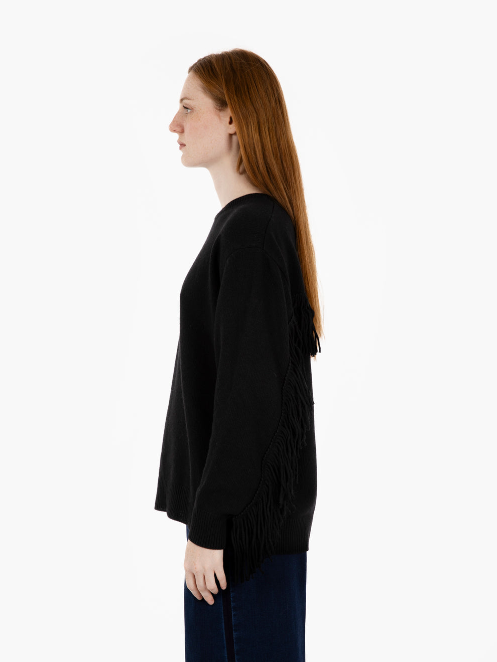 Maglia girocollo con frange nero