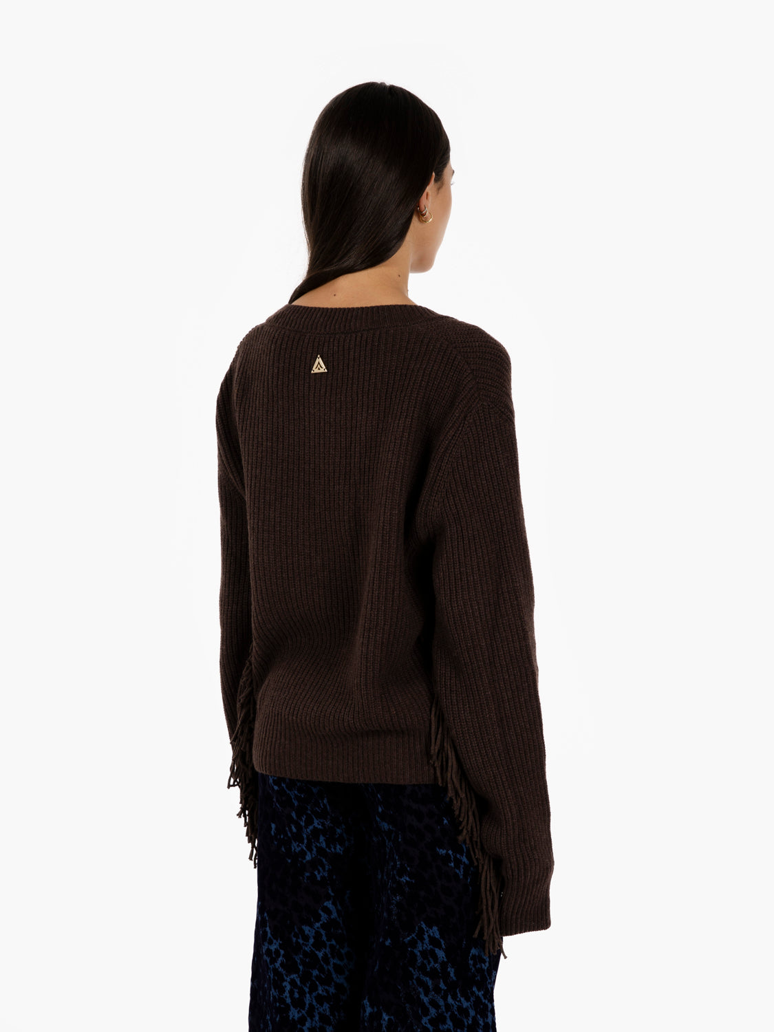 Dark brown V-neck sweater with fringes