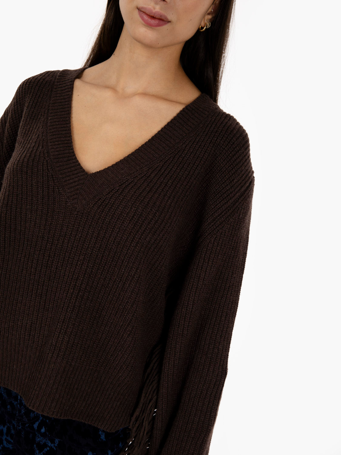 Dark brown V-neck sweater with fringes