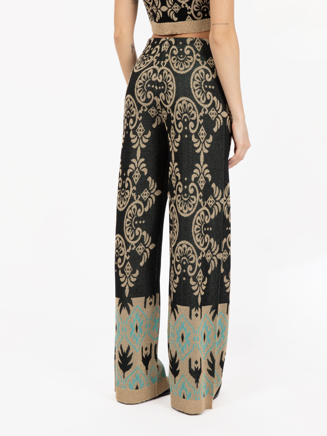 Pantapalazzo in maglia jacquard verde / beige