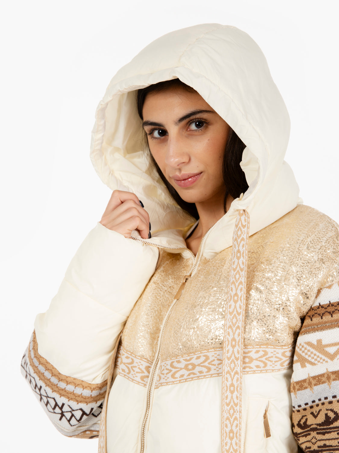 Piumino con inserti in maglia bianco / beige