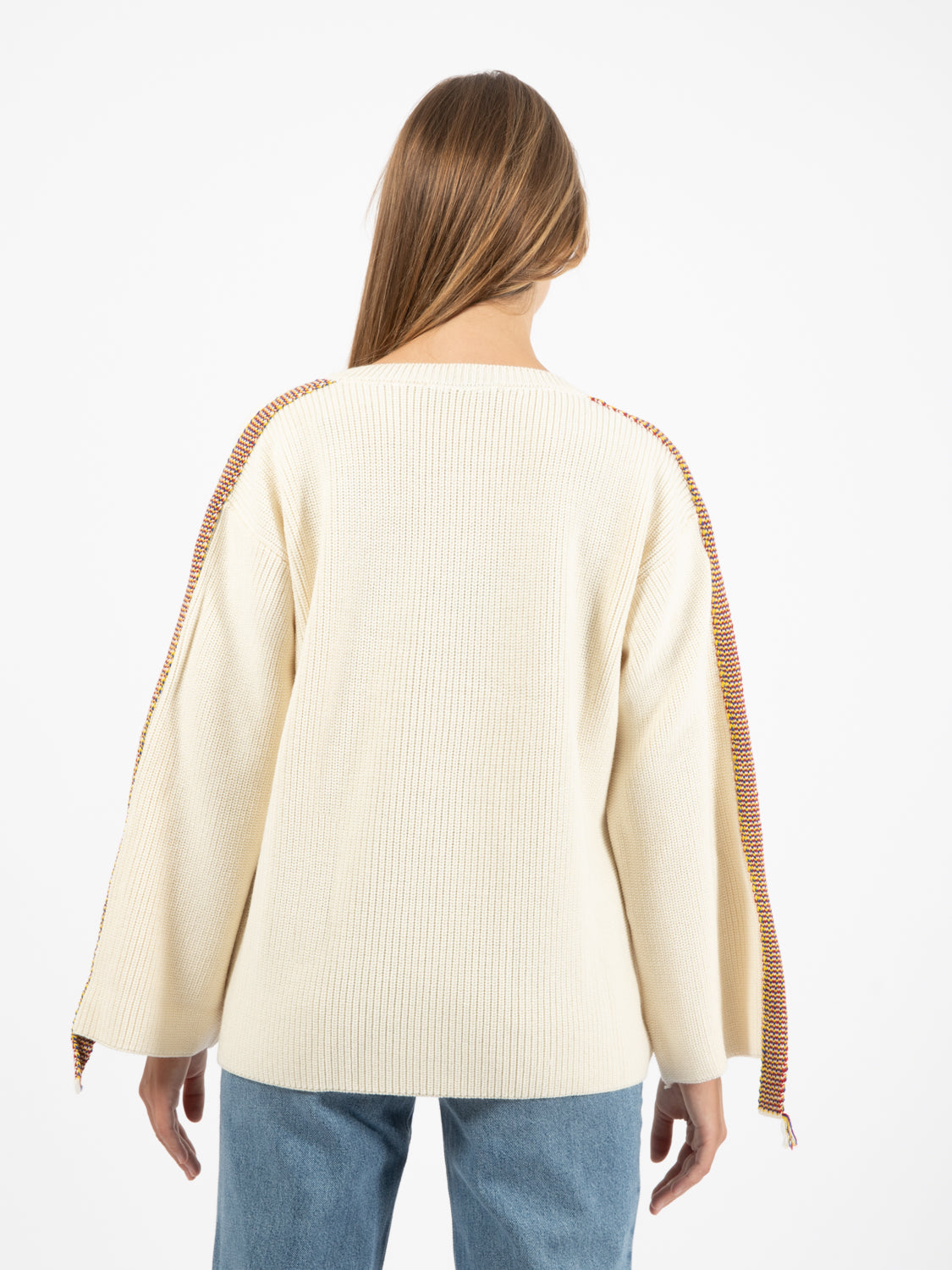 Pullover girocollo con inserti colorati panna