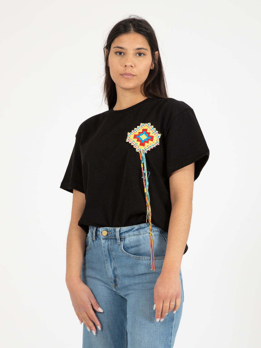 Black geometric embroidery t-shirt