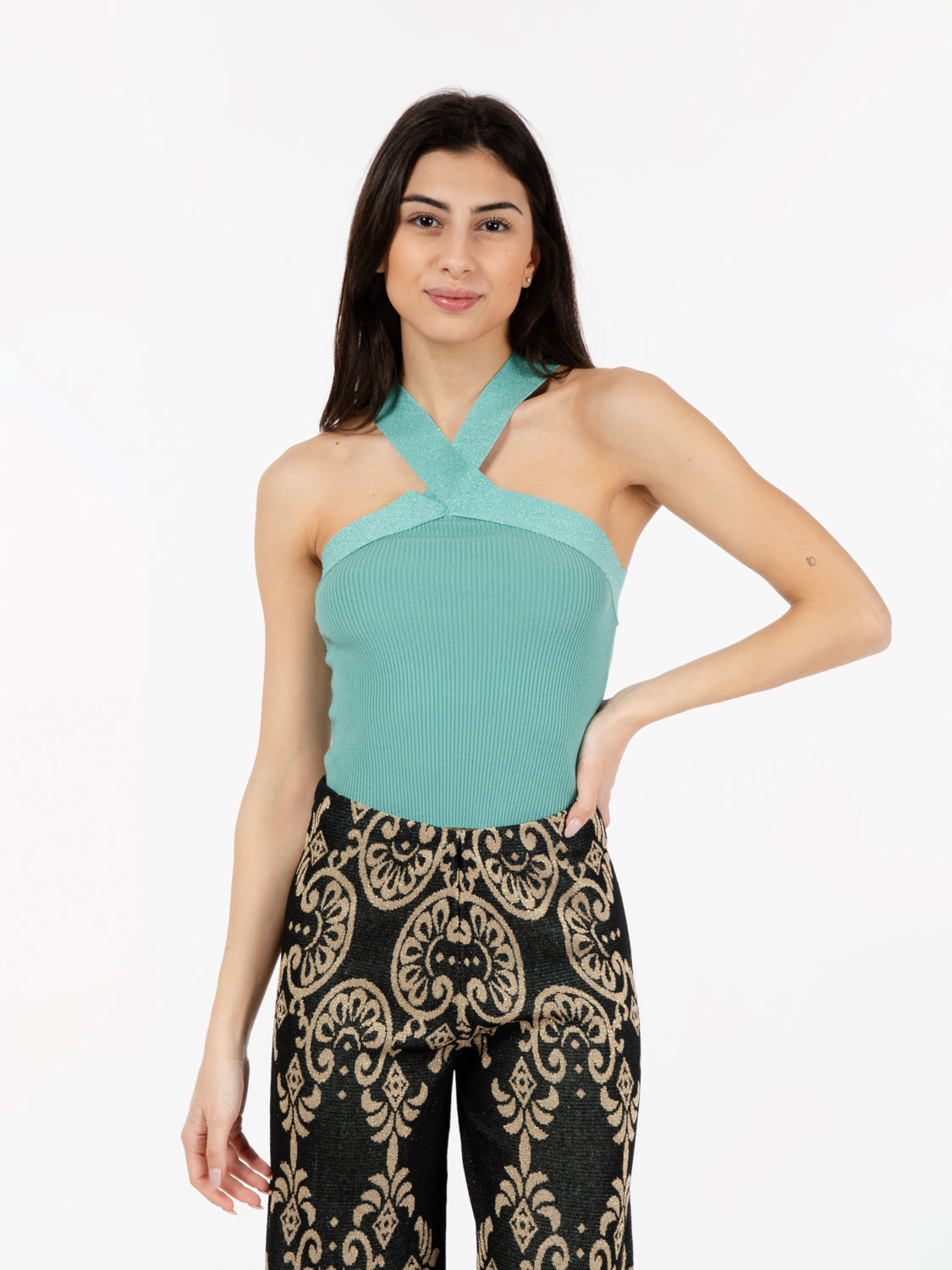 Top con fasce incrociate lurex acquamarina
