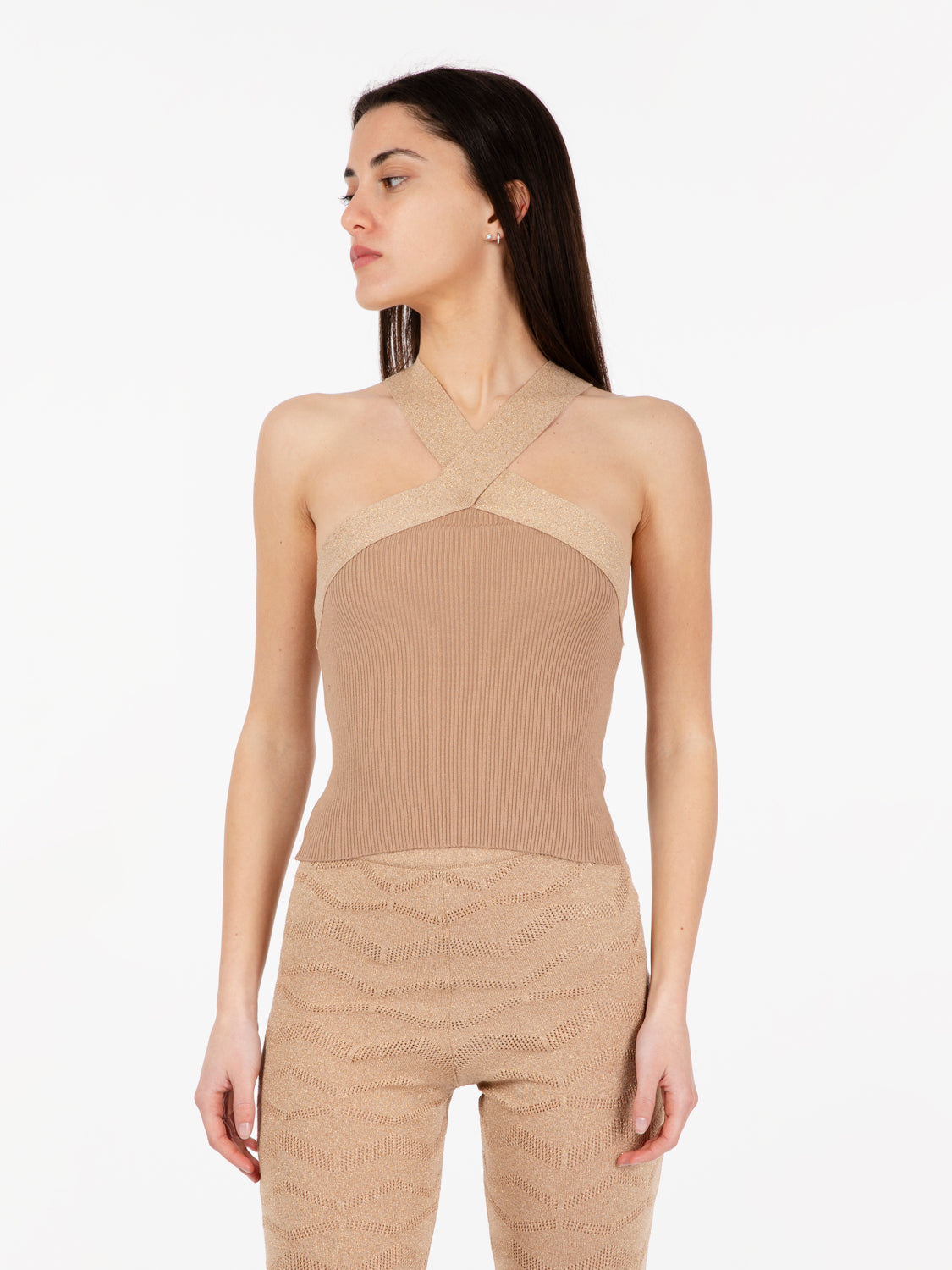 Top con fasce incrociate lurex beige