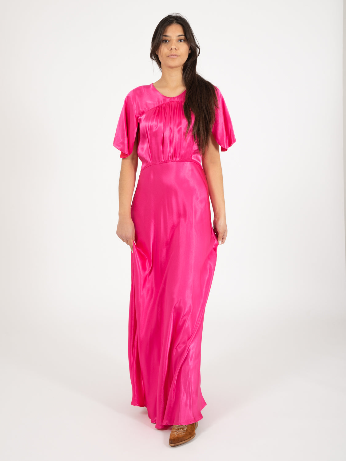 Raspberry short sleeve long dress