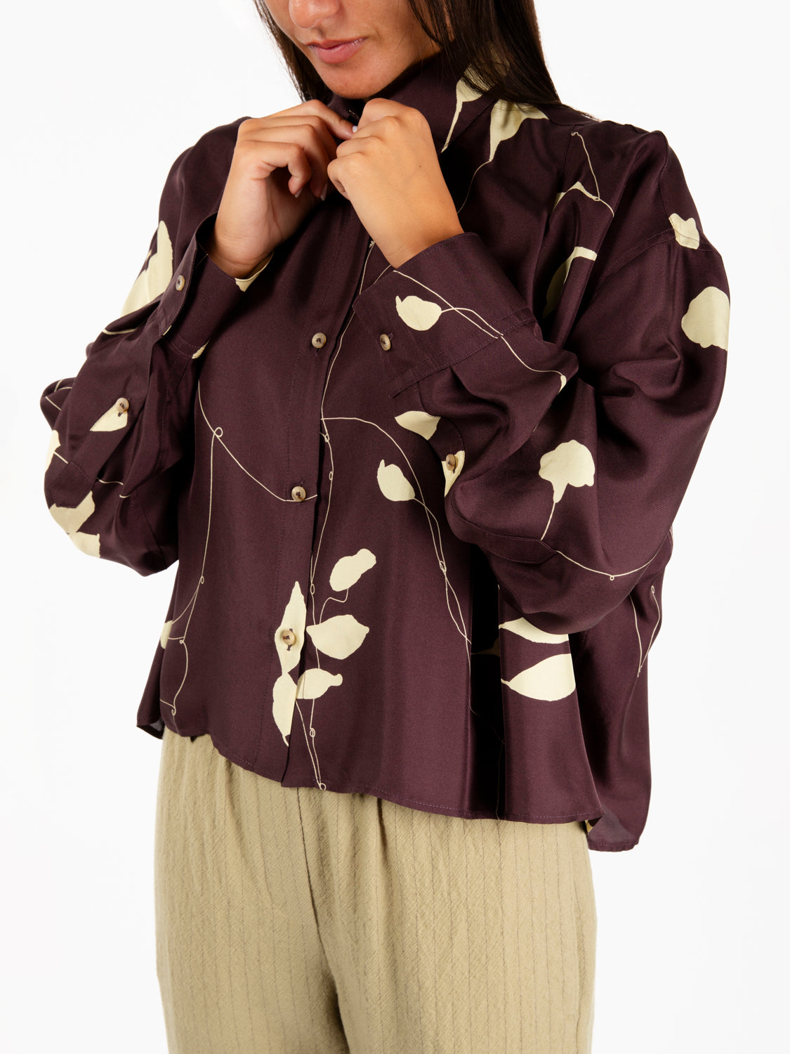 Camicia Leaves twill con pieghe barolo