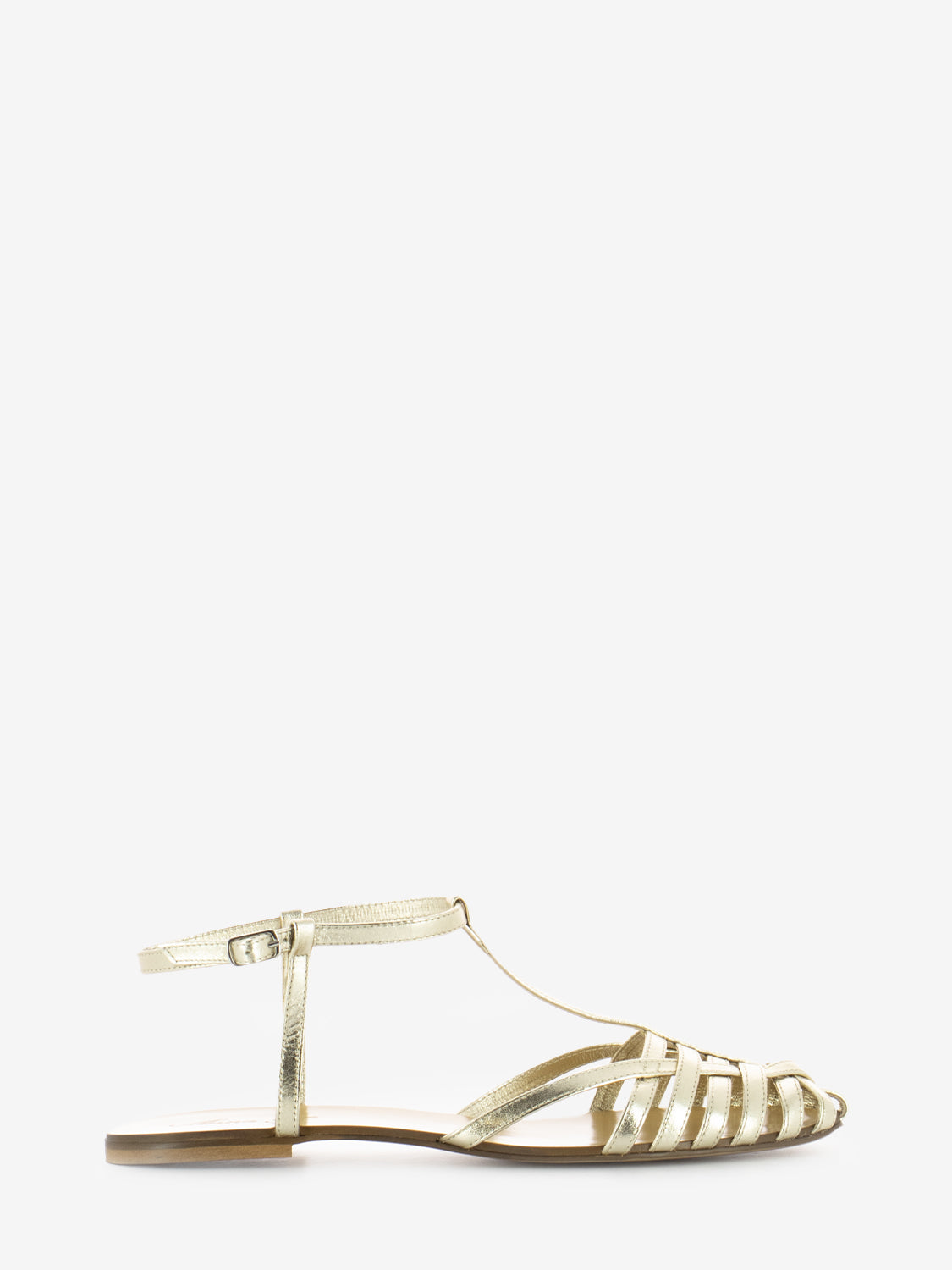 Platinum laminated low cage sandal