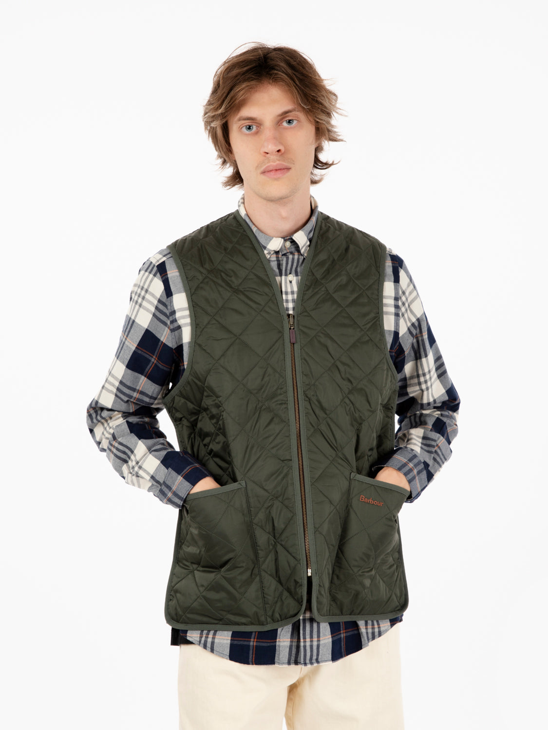 Olive tartan quilted vest