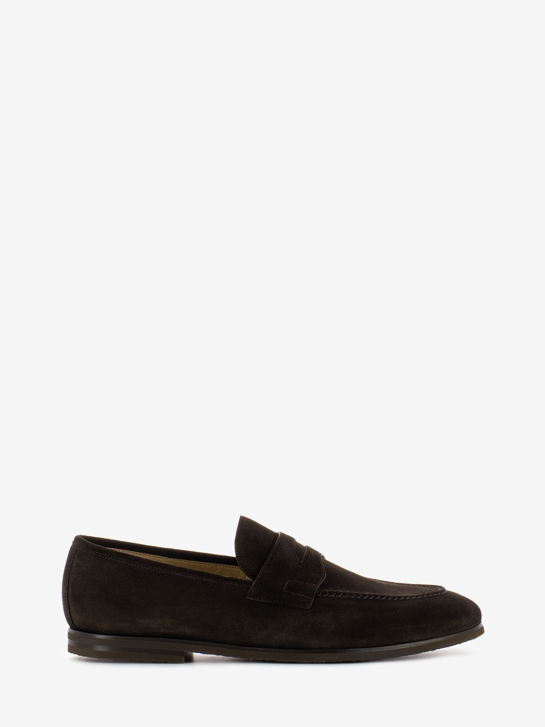 Dark brown suede penny loafer