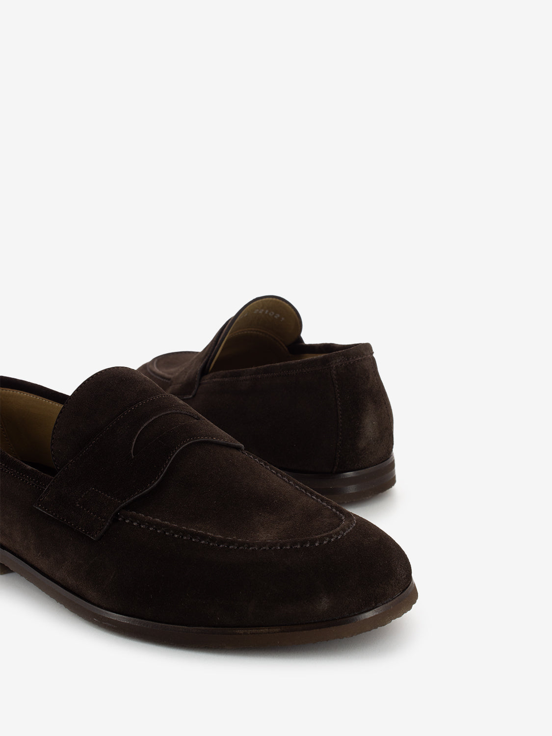 Dark brown suede penny loafer