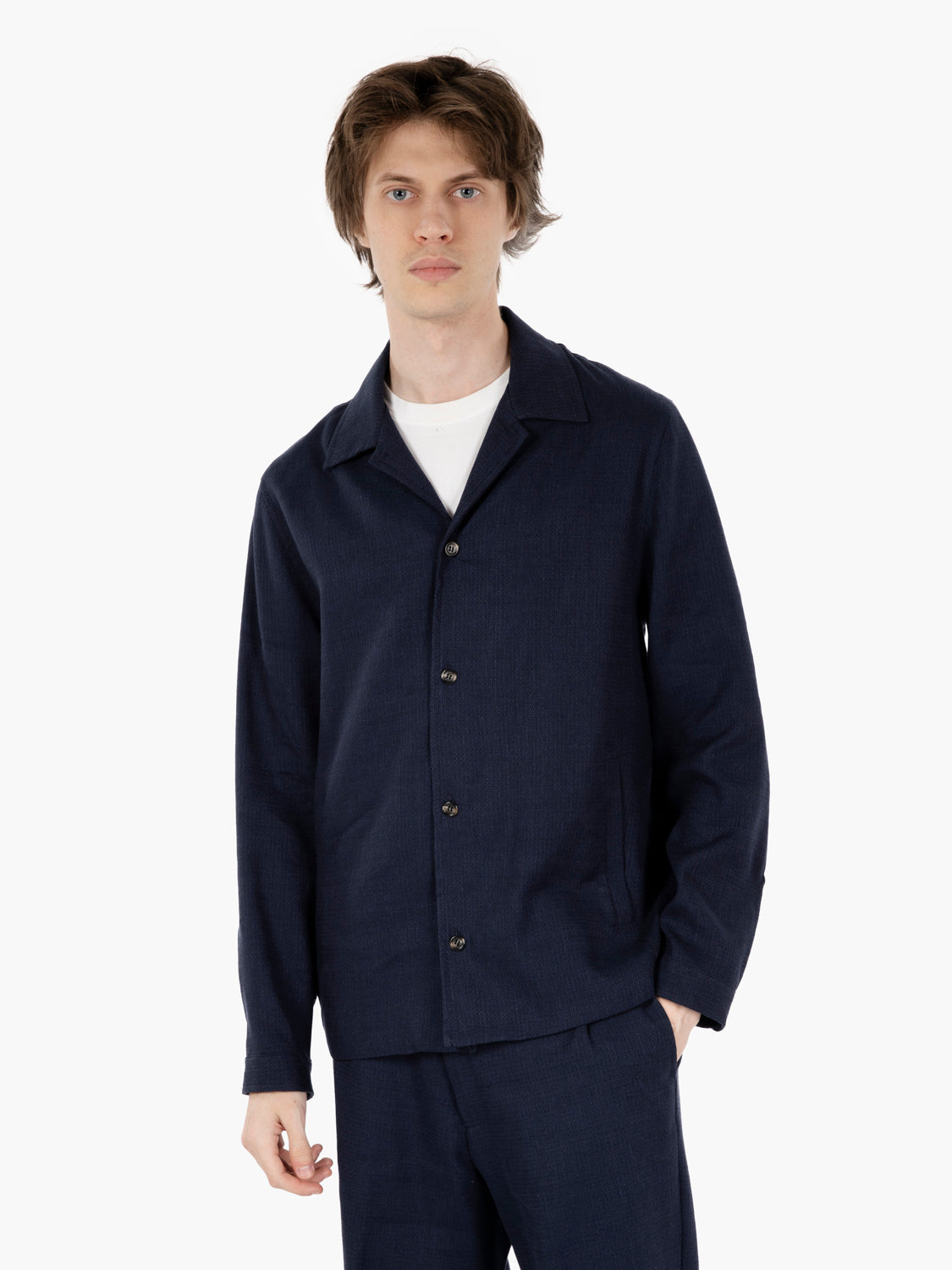 Single-breasted jacket in viscose and linen navy