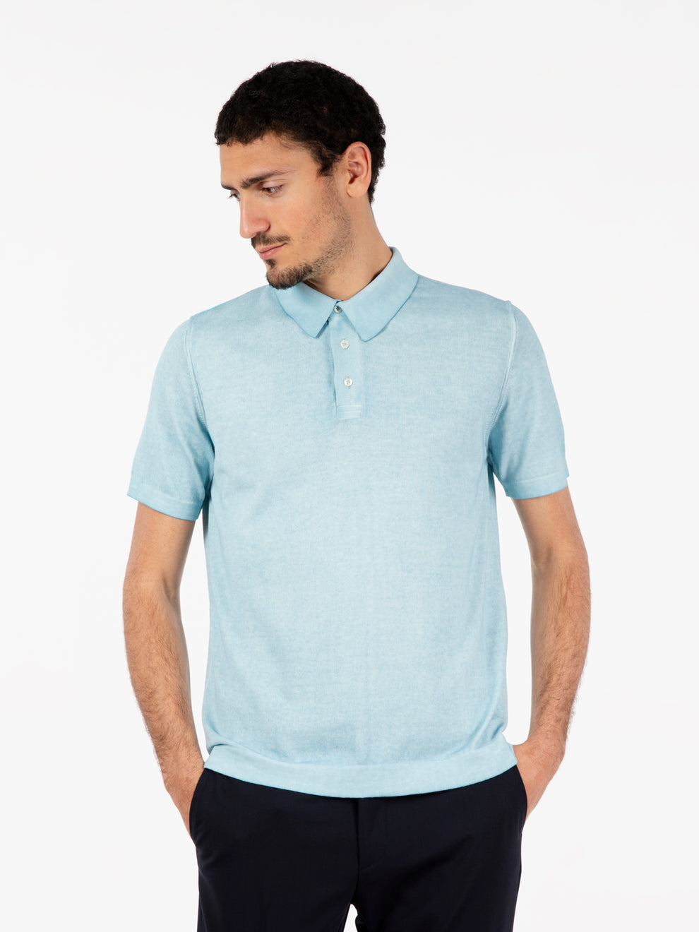 Light blue short-sleeved knitted polo shirt