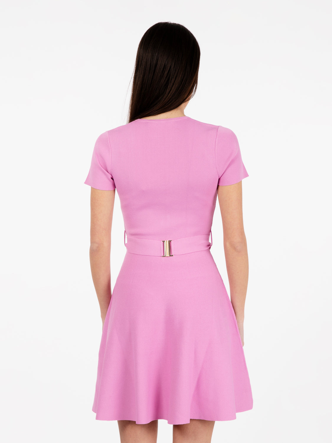 Knit dress with pink logo belt