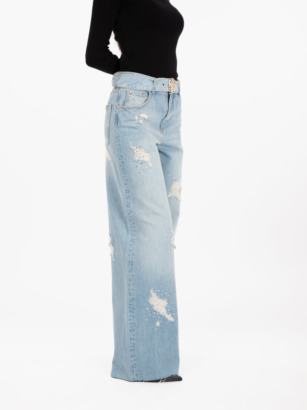 Jeans a gamba ampia con strass azzurro
