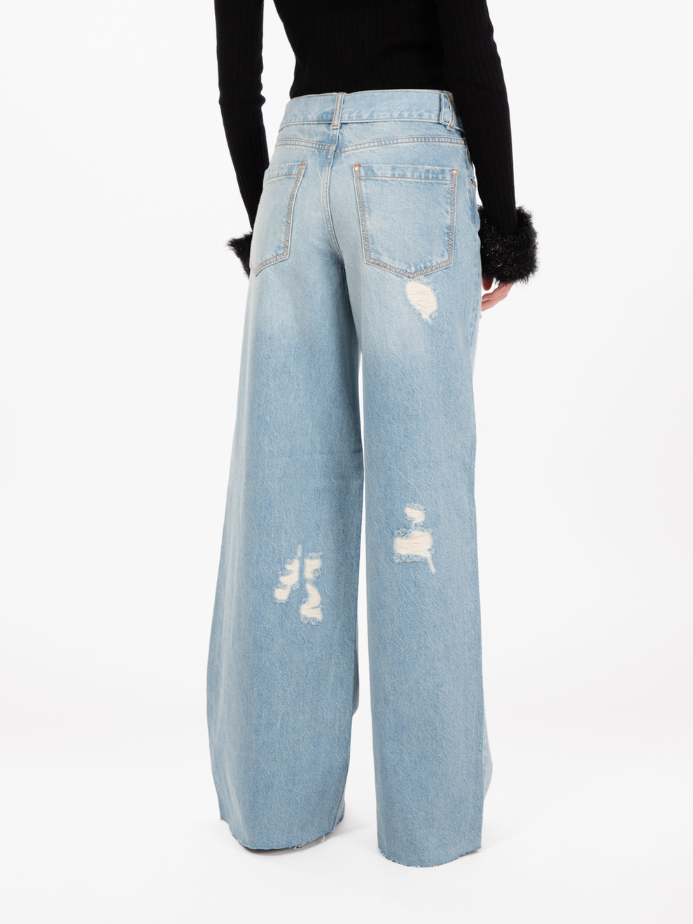 Jeans a gamba ampia con strass azzurro