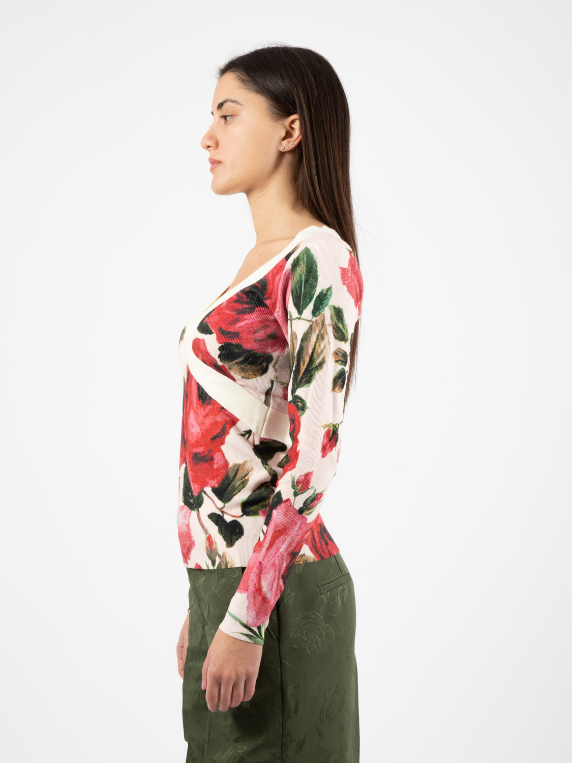 White/Red V-Neck Rose Sweater