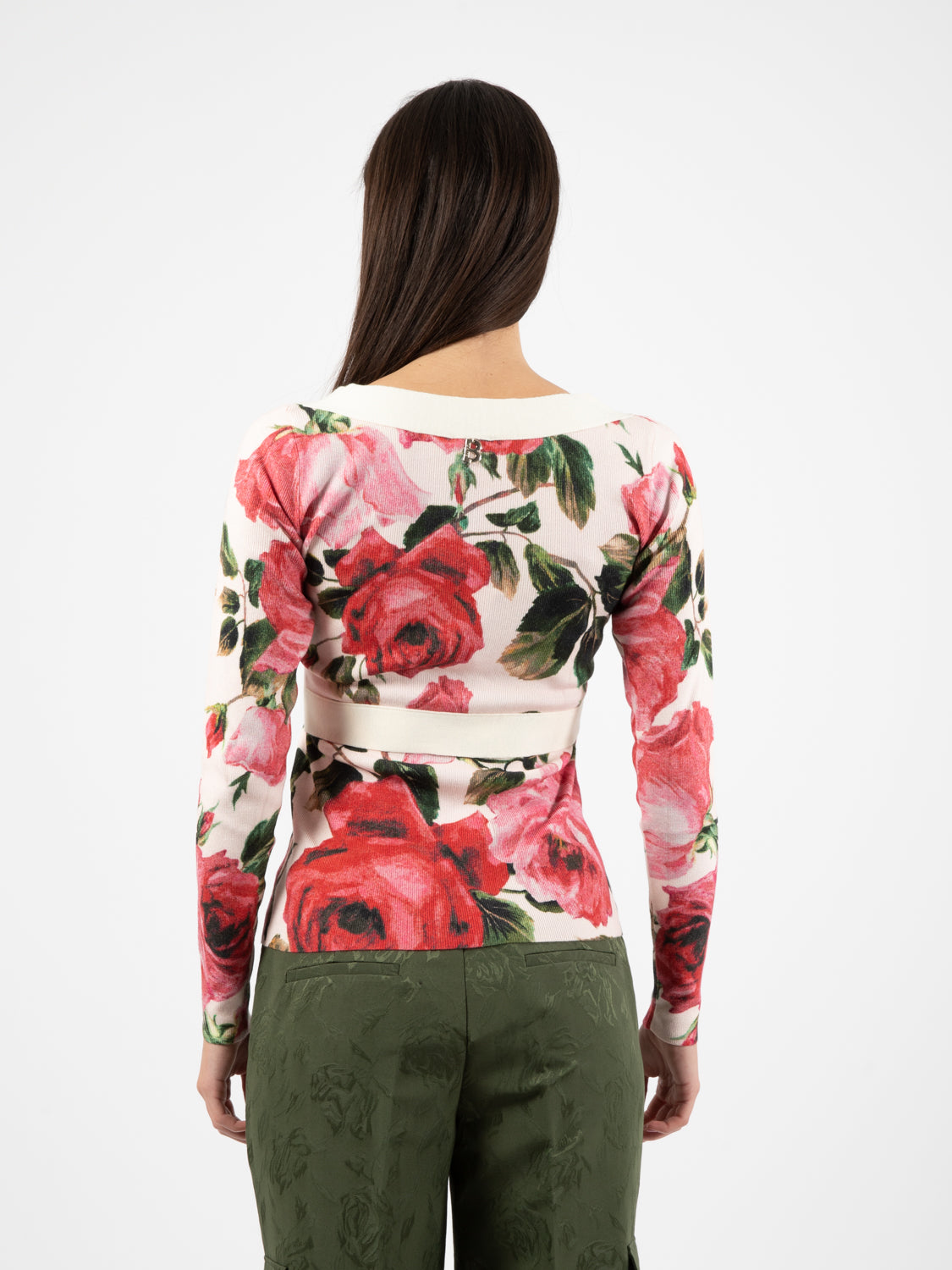 White/Red V-Neck Rose Sweater