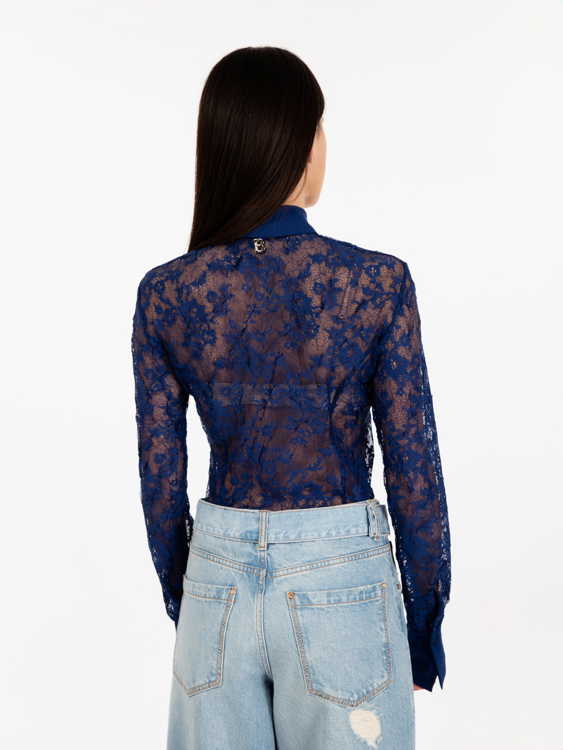 Lace shirt with ink blue pendant