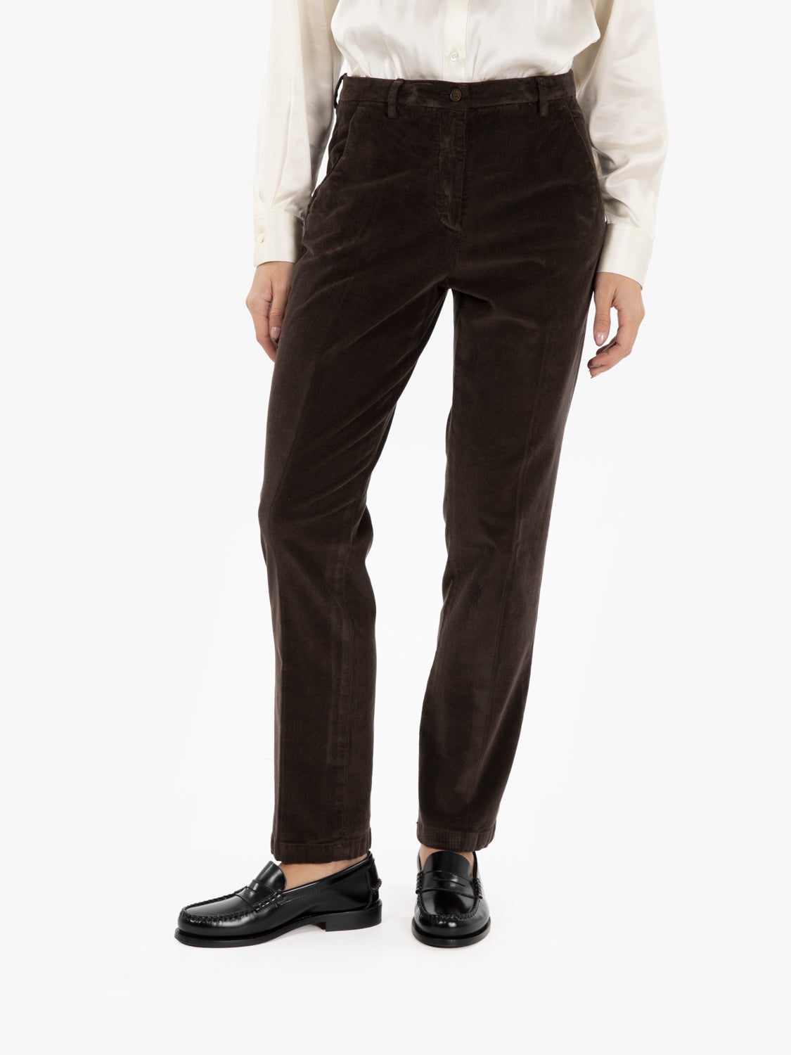 Pantaloni a sigaretta in velluto marrone