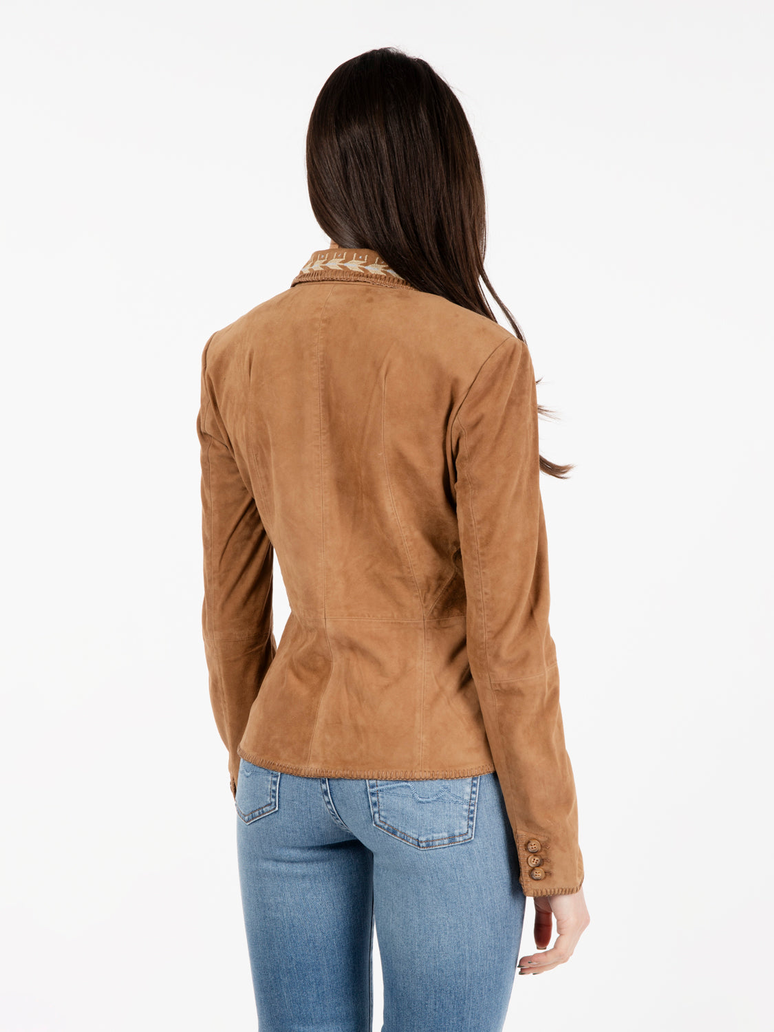 Blazer in suede con ricami cammello