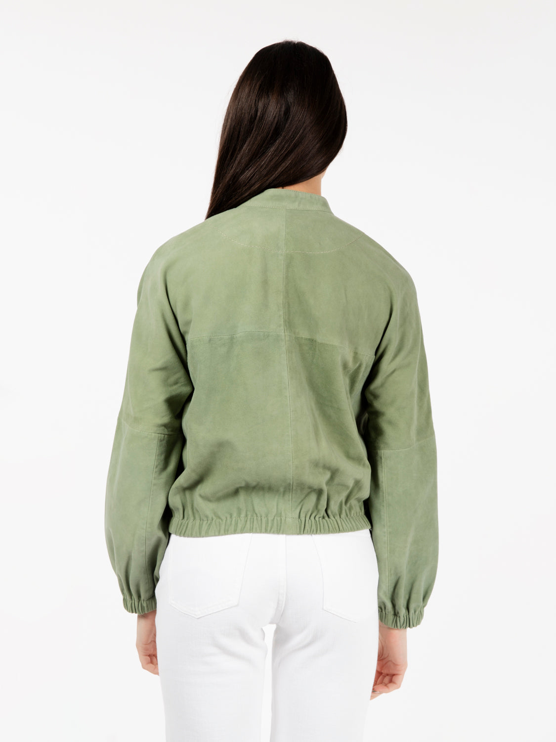 Bomber in camoscio con zip salvia