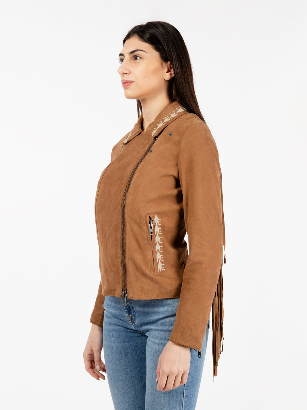 Chiodo scamosciato con frange cammello