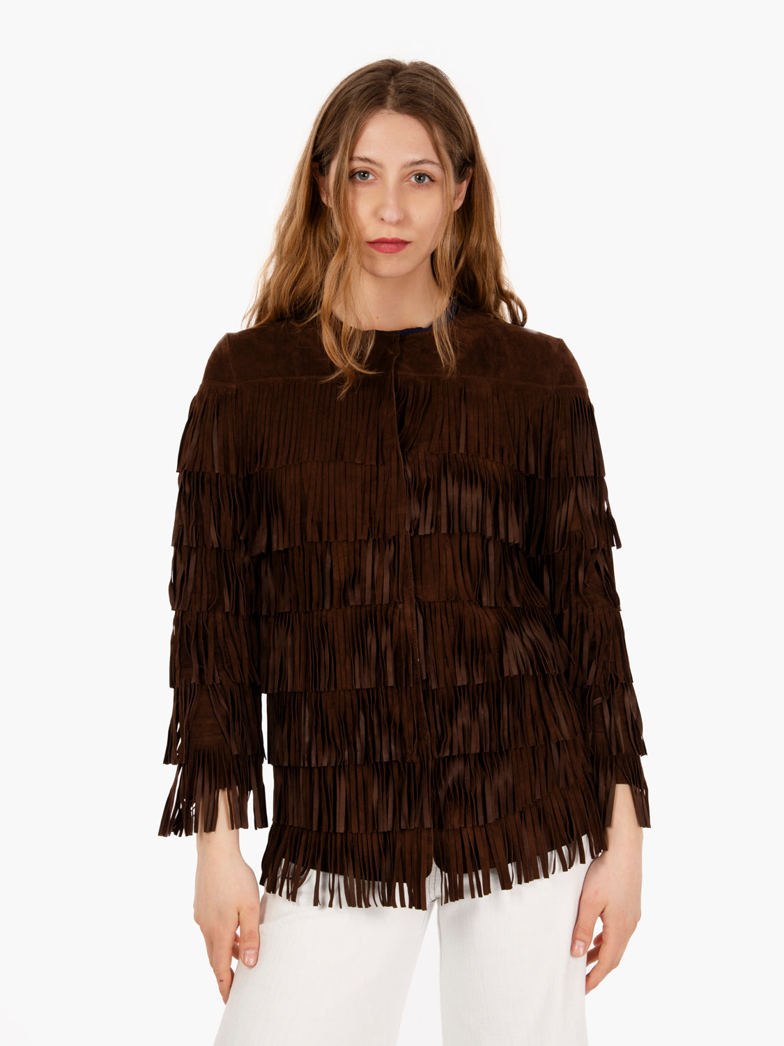 Giacca sfrangiata in suede moro