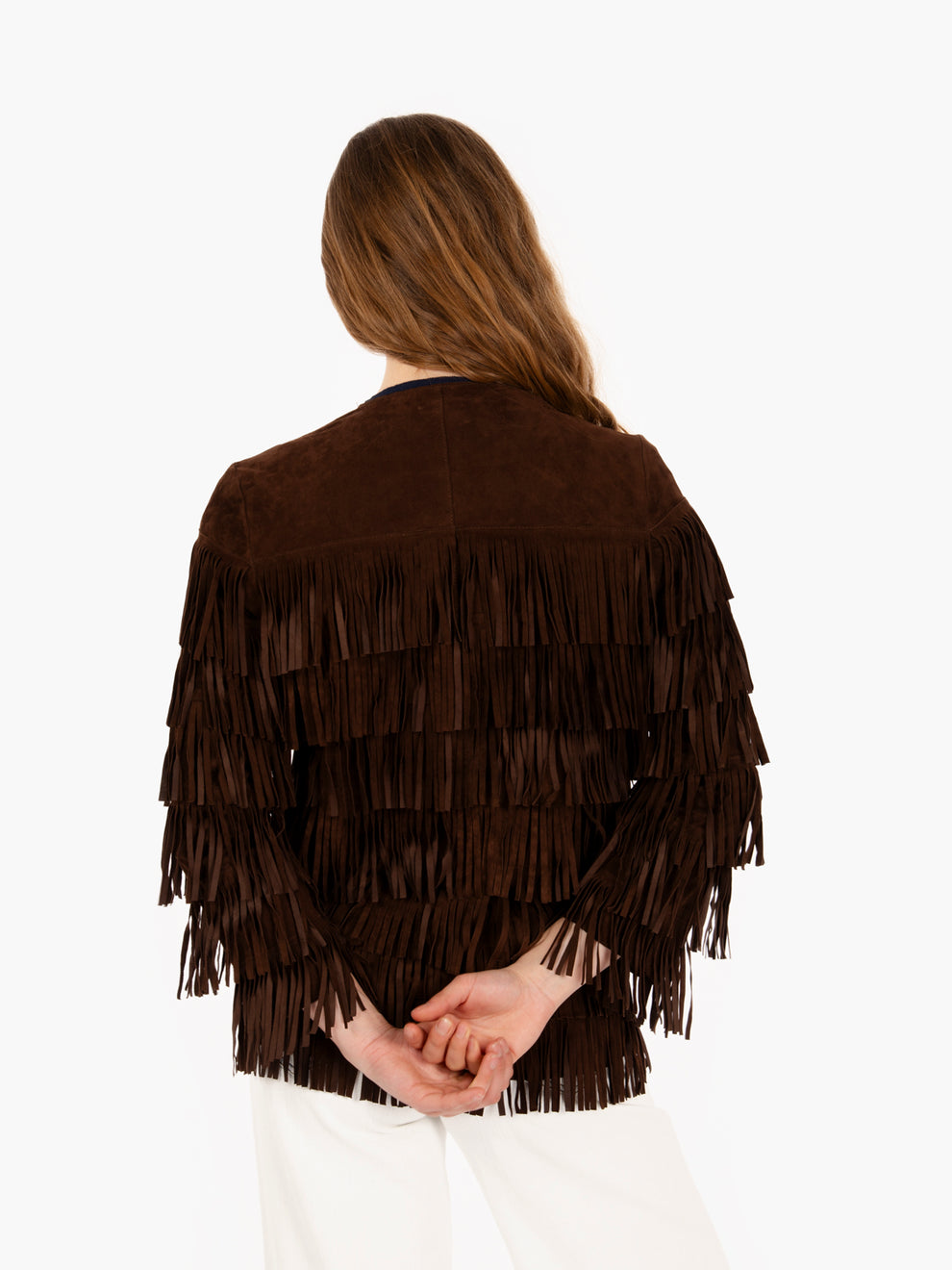 Giacca sfrangiata in suede moro