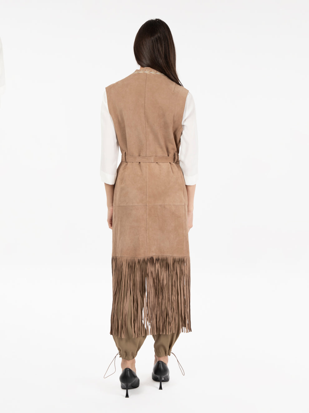 Gilet scamosciato con frange taupe